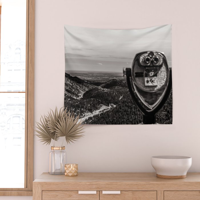 Mountain Tourist Binoculars Black and White Wall Tapestry Gallery Image 2
