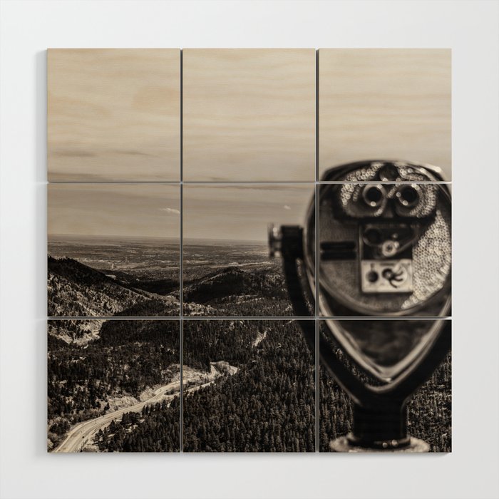 Mountain Tourist Binoculars Black and White Wood Wall Art Gallery Image 1