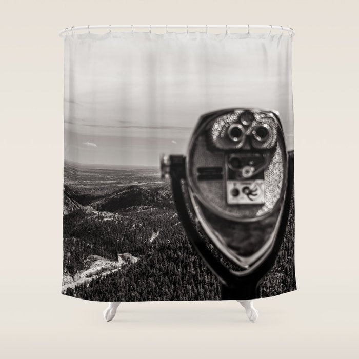 Mountain Tourist Binoculars Black and White Shower Curtain Gallery Image 1