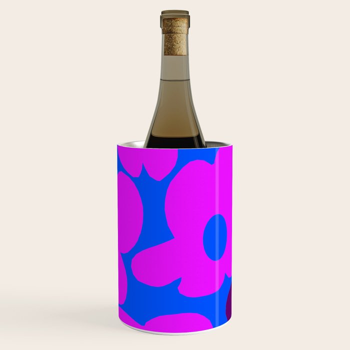 Large Pink and Purple Retro Flowers Blue Background #decor #society6 #buyart Wine Chiller Gallery Image 3