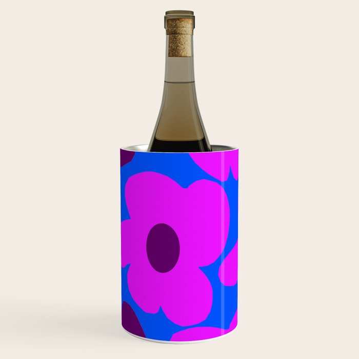 Large Pink and Purple Retro Flowers Blue Background #decor #society6 #buyart Wine Chiller Gallery Image 1