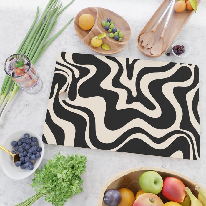 Retro Liquid Swirl Abstract in Black and Almond Cream  Cutting Board Gallery Image 2
