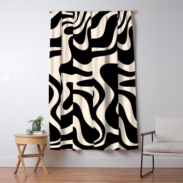 Retro Liquid Swirl Abstract in Black and Almond Cream  Window Curtain Gallery Image 1