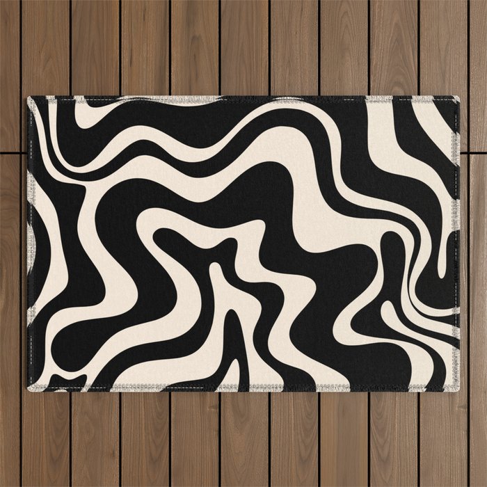 Retro Liquid Swirl Abstract in Black and Almond Cream  Outdoor Rug Gallery Image 1