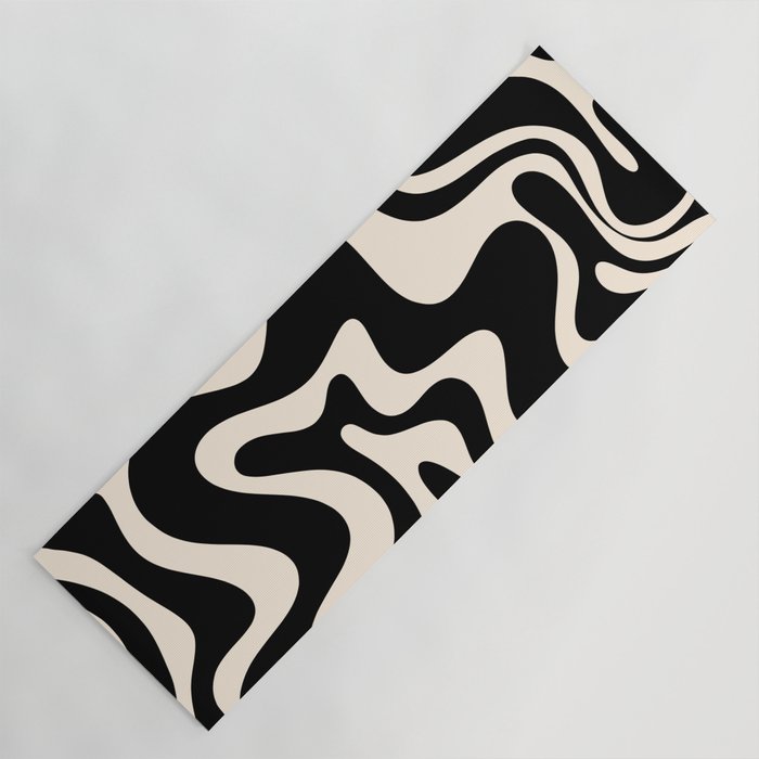 Retro Liquid Swirl Abstract in Black and Almond Cream  Yoga Mat Gallery Image 1