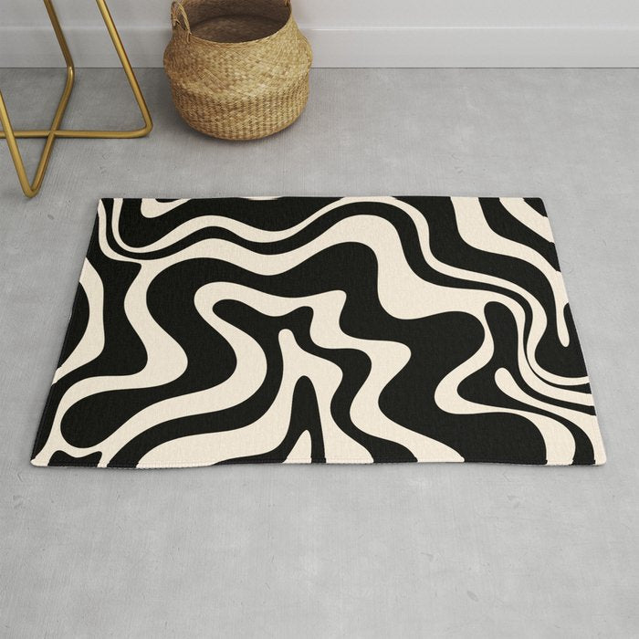 Retro Liquid Swirl Abstract in Black and Almond Cream  Rug Gallery Image 1
