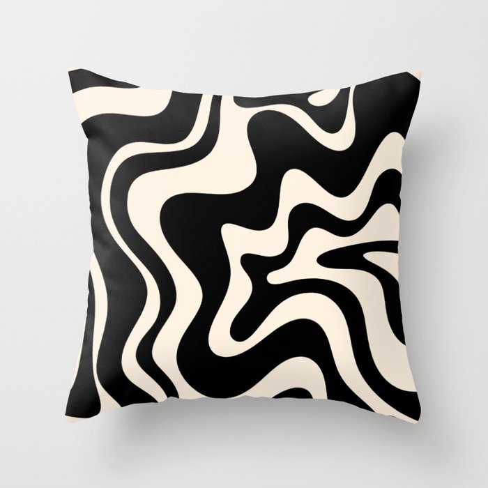 Retro Liquid Swirl Abstract in Black and Almond Cream  Throw Pillow Gallery Image 6