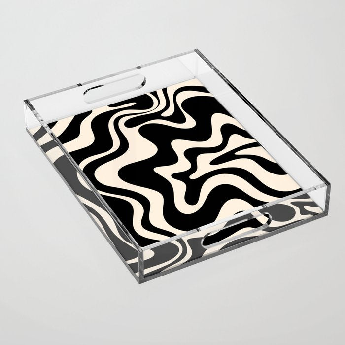 Retro Liquid Swirl Abstract in Black and Almond Cream  Acrylic Tray Gallery Image 1