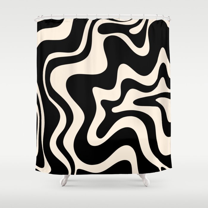 Retro Liquid Swirl Abstract in Black and Almond Cream  Shower Curtain Gallery Image 1