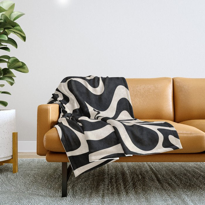 Retro Liquid Swirl Abstract in Black and Almond Cream  Throw Blanket Gallery Image 1