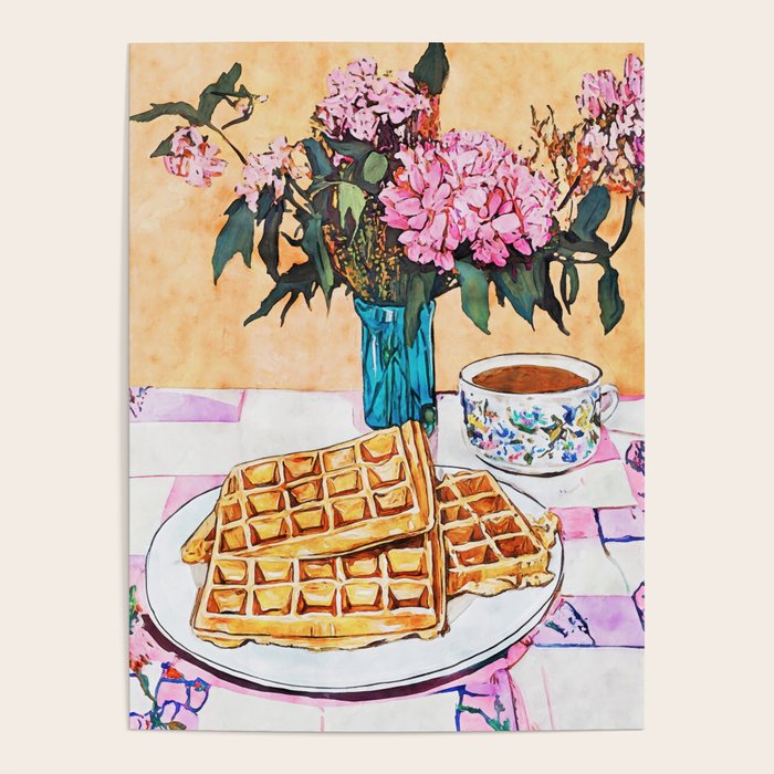  Waffles and Coffee with Flowers Watercolor Breakfast Scene Poster Gallery Image 4