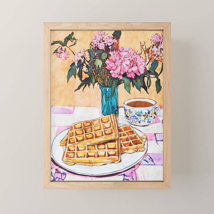  Waffles and Coffee with Flowers Watercolor Breakfast Scene Mini Art Print Gallery Image 1