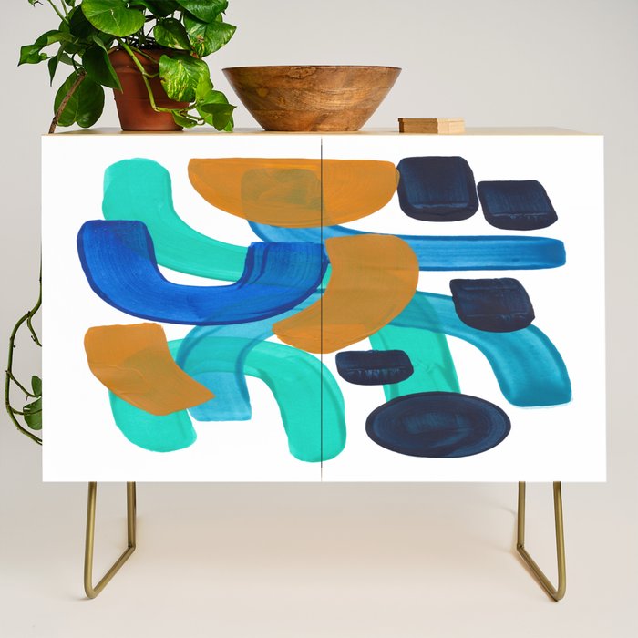 Minimalist Abstract Mid Century Modern Colorful Shapes Marine Green Teal Blue Yellow Pattern Credenza Gallery Image 1