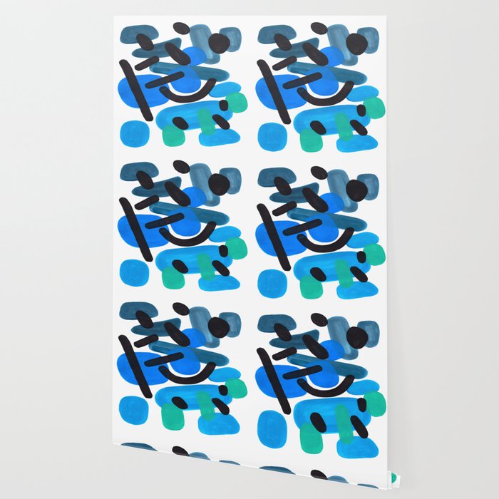 Abstract Minimalist Mid Century Modern Colorful Pop Art Retro Funky Shapes Blue Turquoise Wallpaper Gallery Image 2