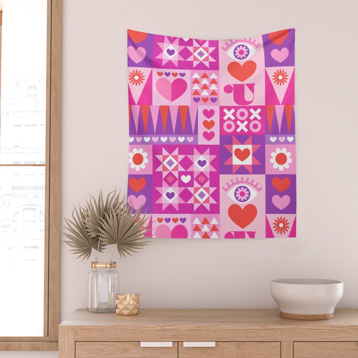 I Love You Checkerboard - Pink Red & Purple Wall Tapestry Gallery Image 2