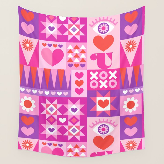 I Love You Checkerboard - Pink Red & Purple Wall Tapestry Gallery Image 1