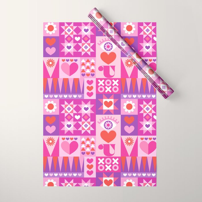 I Love You Checkerboard - Pink Red & Purple Wrapping Paper Gallery Image 1