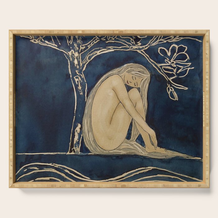 Girl sleeping under magnolia flowers Serving Tray Gallery Image 1