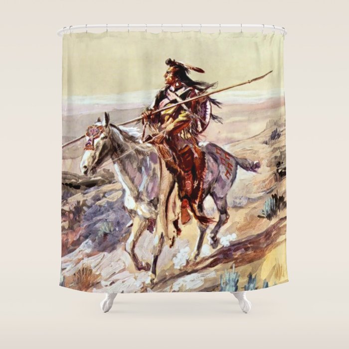 âIndian With Spear â by Charles M Russell Shower Curtain Gallery Image 1