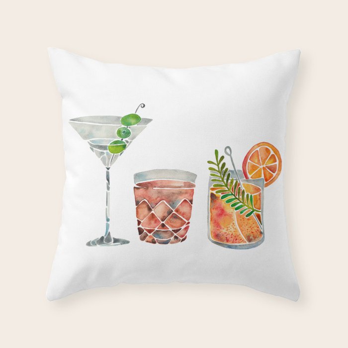 Classic Cocktails  - 1960s Watercolor Lineup Throw Pillow Gallery Image 1