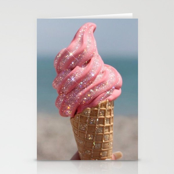 Shiny Pink Ice Cream - Glitter| pastel | pink | art print | beach | | ice cream | summer | ocean  Stationery Card Gallery Image 1