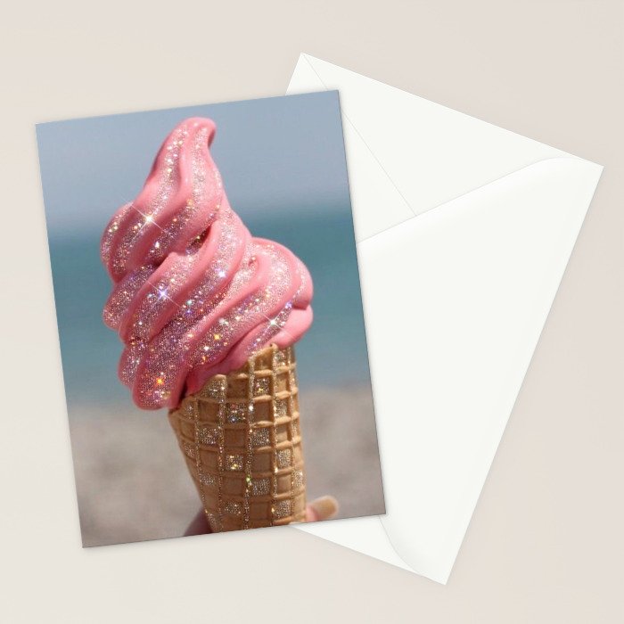 Shiny Pink Ice Cream - Glitter| pastel | pink | art print | beach | | ice cream | summer | ocean  Stationery Card Gallery Image 2