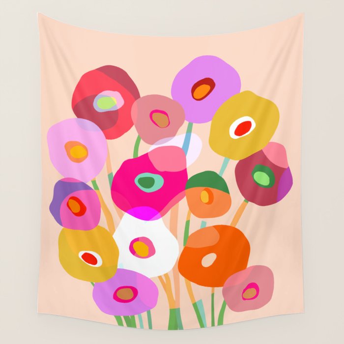 Minimal Abstract Wild floral bouquet on Peach Fuzz Wall Tapestry Gallery Image 1
