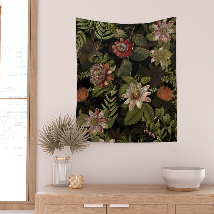 Midnight Summer Sepia Exotic Passiflora Flowers Garden Wall Tapestry Gallery Image 2