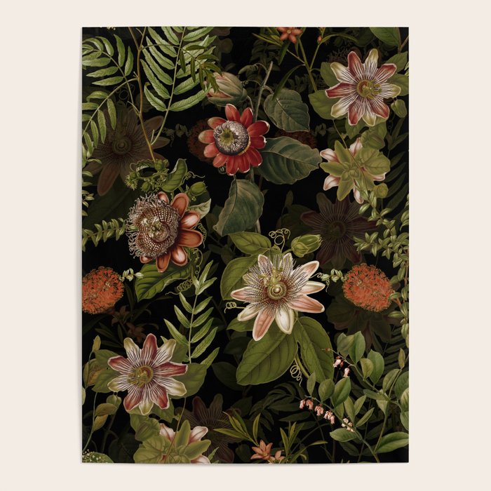 Midnight Summer Sepia Exotic Passiflora Flowers Garden Poster Gallery Image 1