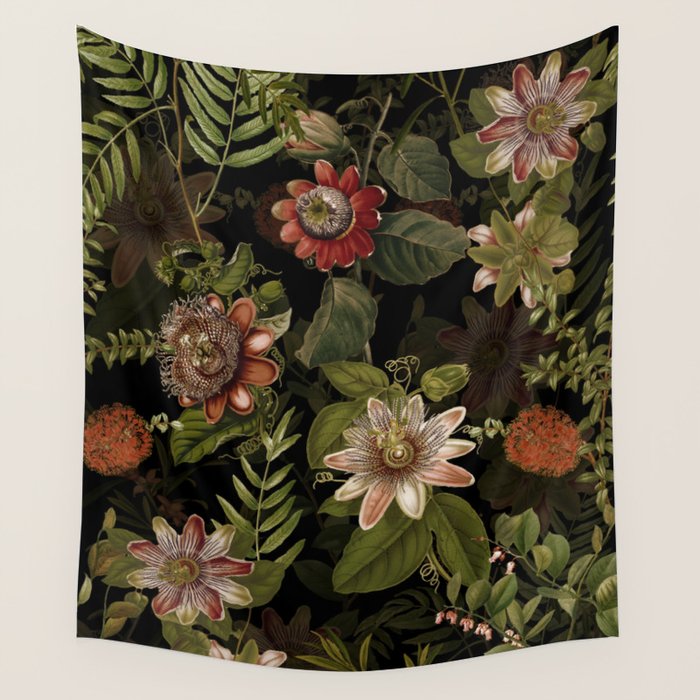 Midnight Summer Sepia Exotic Passiflora Flowers Garden Wall Tapestry Gallery Image 1