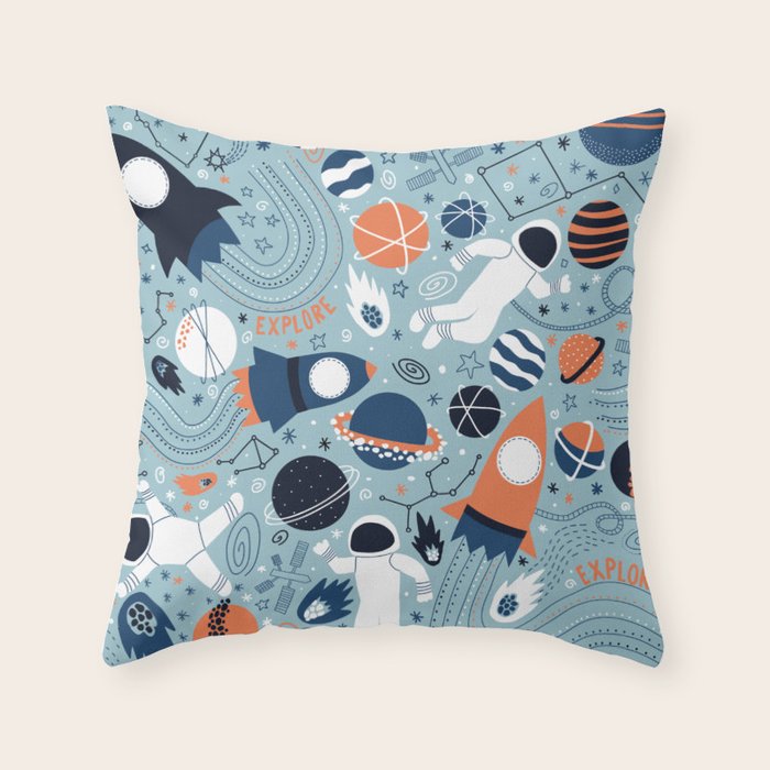 Rocket Ships And Astronauts Pattern Throw Pillow Gallery Image 1