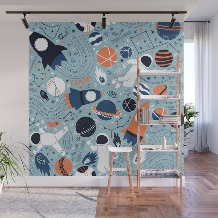 Rocket Ships And Astronauts Pattern Wall Mural Gallery Image 1