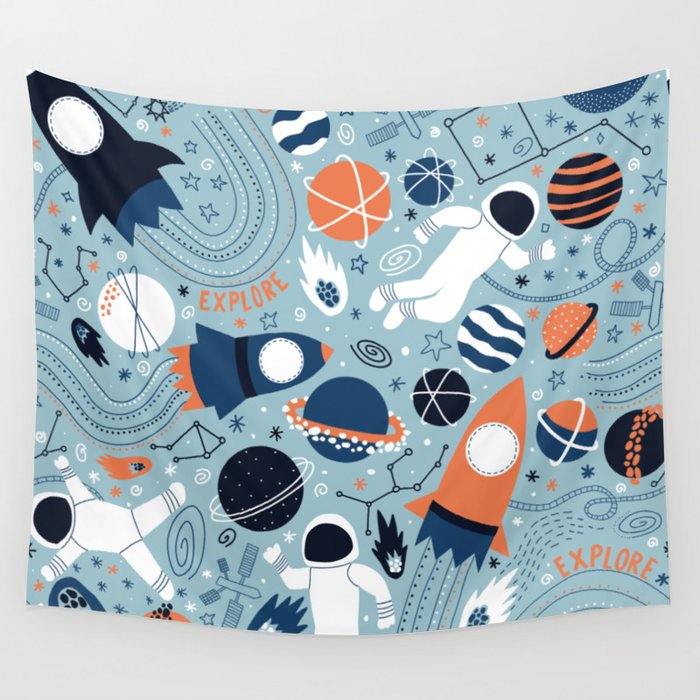 Rocket Ships And Astronauts Pattern Wall Tapestry Gallery Image 1