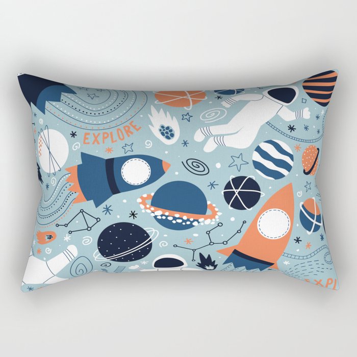 Rocket Ships And Astronauts Pattern Rectangular Pillow Gallery Image 1