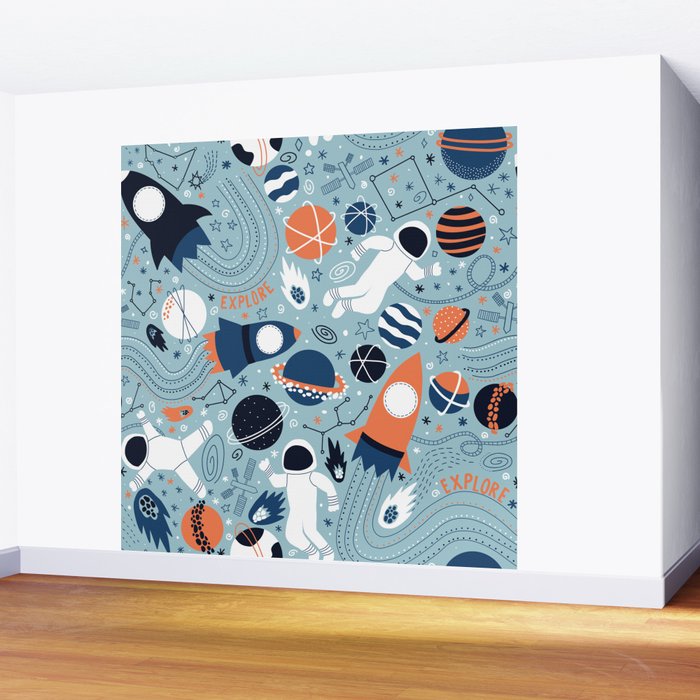 Rocket Ships And Astronauts Pattern Wall Mural Gallery Image 2