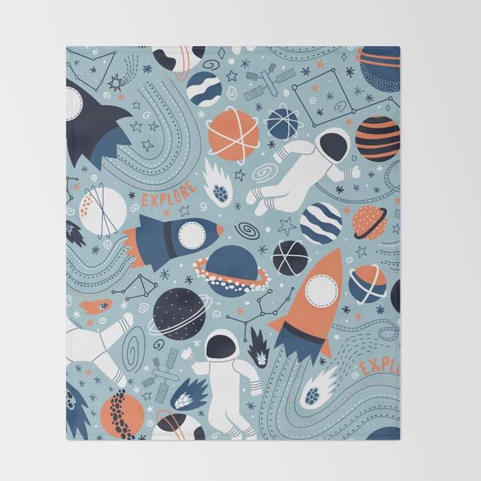 Rocket Ships And Astronauts Pattern Throw Blanket Gallery Image 2