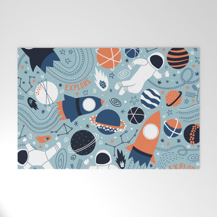 Rocket Ships And Astronauts Pattern Welcome Mat Gallery Image 1