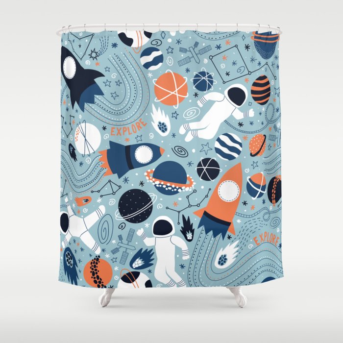 Rocket Ships And Astronauts Pattern Shower Curtain Gallery Image 1