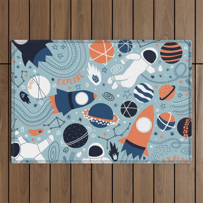 Rocket Ships And Astronauts Pattern Outdoor Rug Gallery Image 1