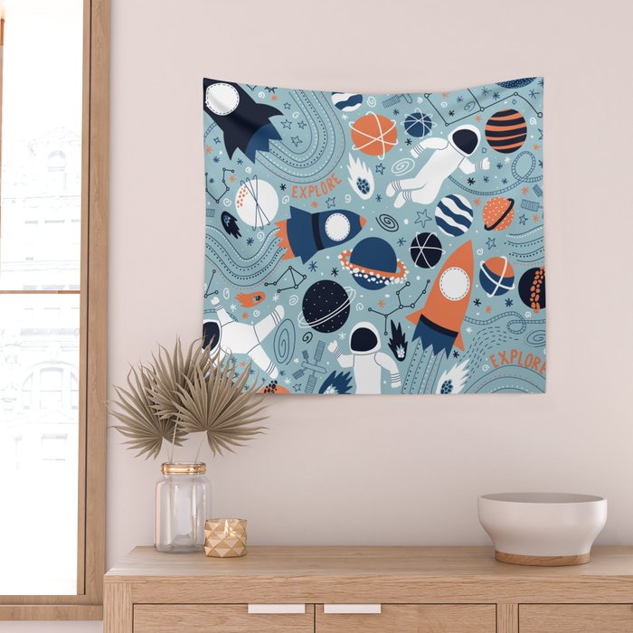 Rocket Ships And Astronauts Pattern Wall Tapestry Gallery Image 2
