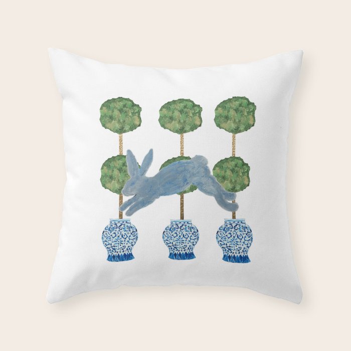 Topiary Country French Bunny Rabbit Ginger Jars Throw Pillow Gallery Image 1
