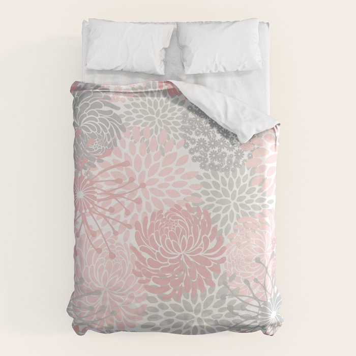 Festive, Floral Prints, Bloom Mix, Pink and Gray Duvet Cover Gallery Image 1