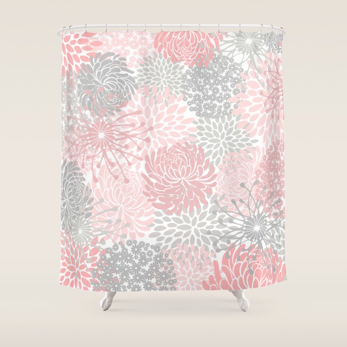 Festive, Floral Prints, Bloom Mix, Pink and Gray Shower Curtain Gallery Image 1