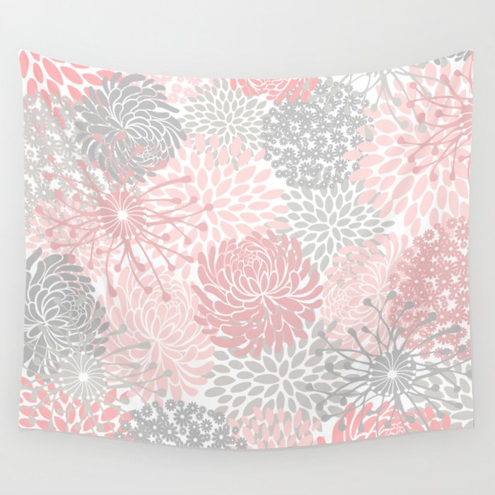 Festive, Floral Prints, Bloom Mix, Pink and Gray Wall Tapestry Gallery Image 1