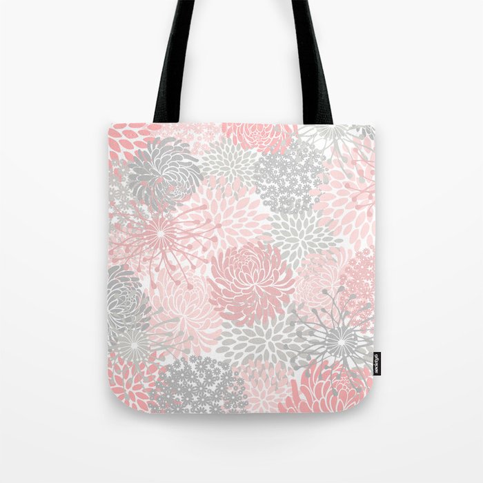 Festive, Floral Prints, Bloom Mix, Pink and Gray Tote Bag Gallery Image 1