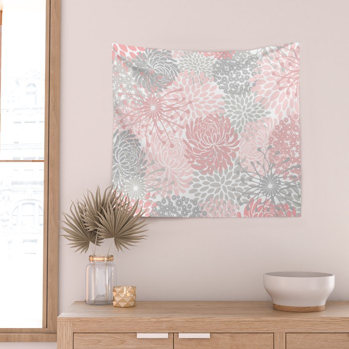 Festive, Floral Prints, Bloom Mix, Pink and Gray Wall Tapestry Gallery Image 2