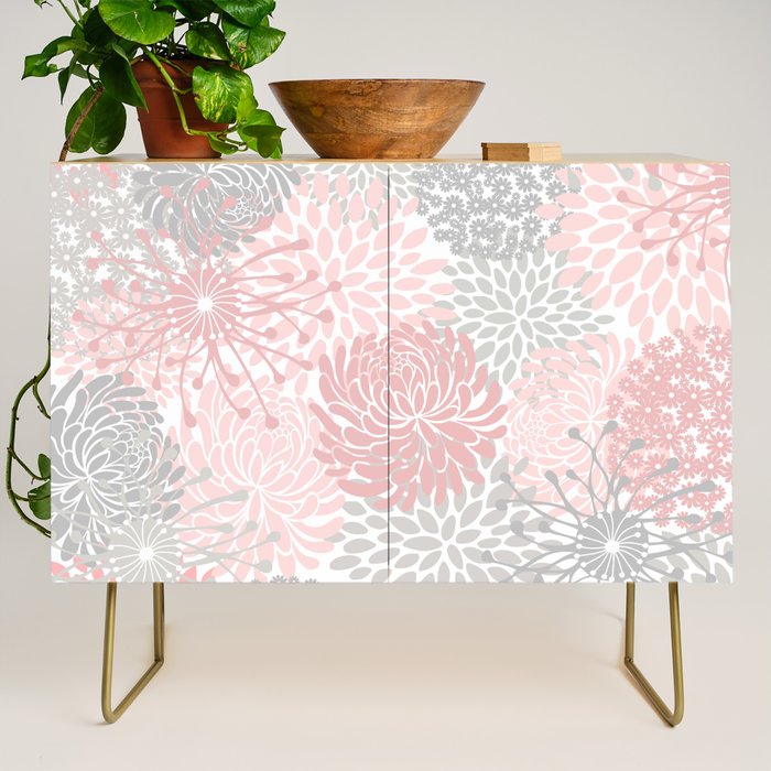 Festive, Floral Prints, Bloom Mix, Pink and Gray Credenza Gallery Image 1