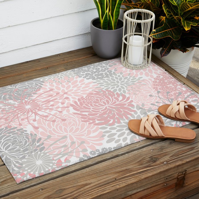Festive, Floral Prints, Bloom Mix, Pink and Gray Outdoor Rug Gallery Image 2