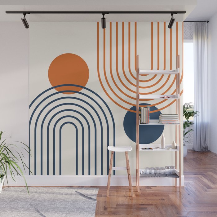 Mid Century Modern Geometric 199 in Navy Blue Orange Wall Mural Gallery Image 1