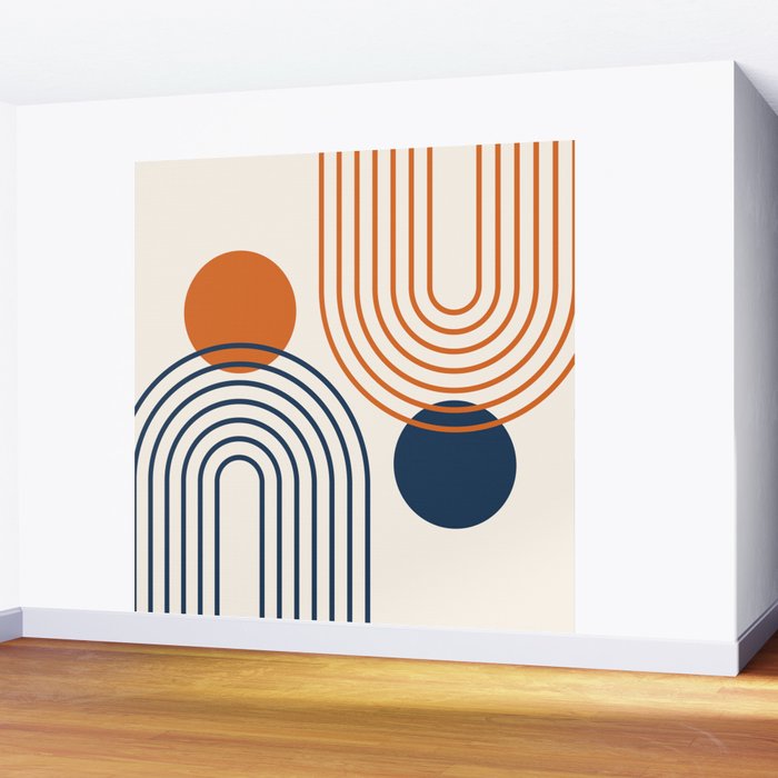 Mid Century Modern Geometric 199 in Navy Blue Orange Wall Mural Gallery Image 2
